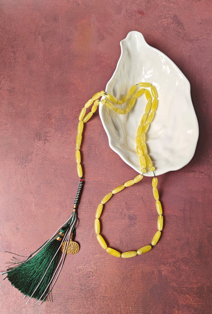 Long Baltic Amber Rosary | 45+2 Semi-Transparent Butterscotch Long Barrel Beads