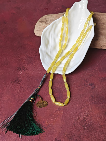 Long Baltic Amber Rosary | 45+2 Semi-Transparent Butterscotch Long Barrel Beads