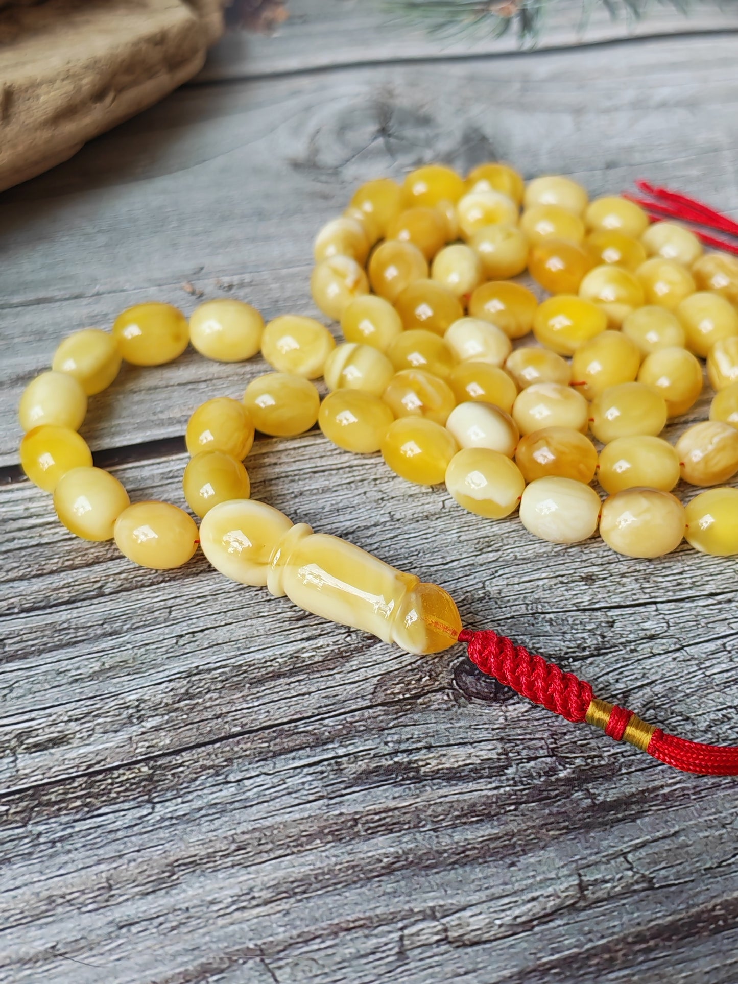 Royal White Mosaic Amber Rosary | 63 Pigeon Egg–Shaped Beads