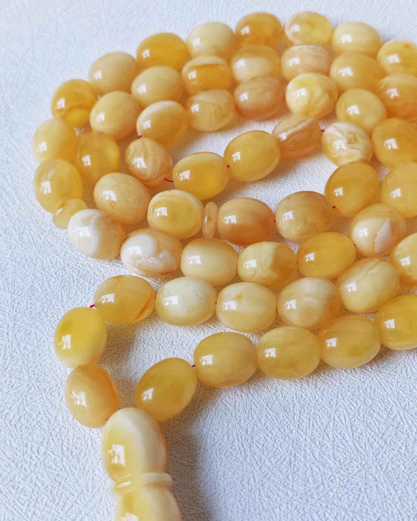 Royal White Mosaic Amber Rosary | 63 Pigeon Egg–Shaped Beads