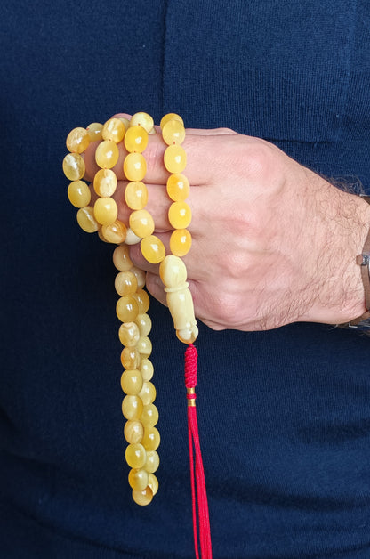 Royal White Mosaic Amber Rosary | 63 Pigeon Egg–Shaped Beads