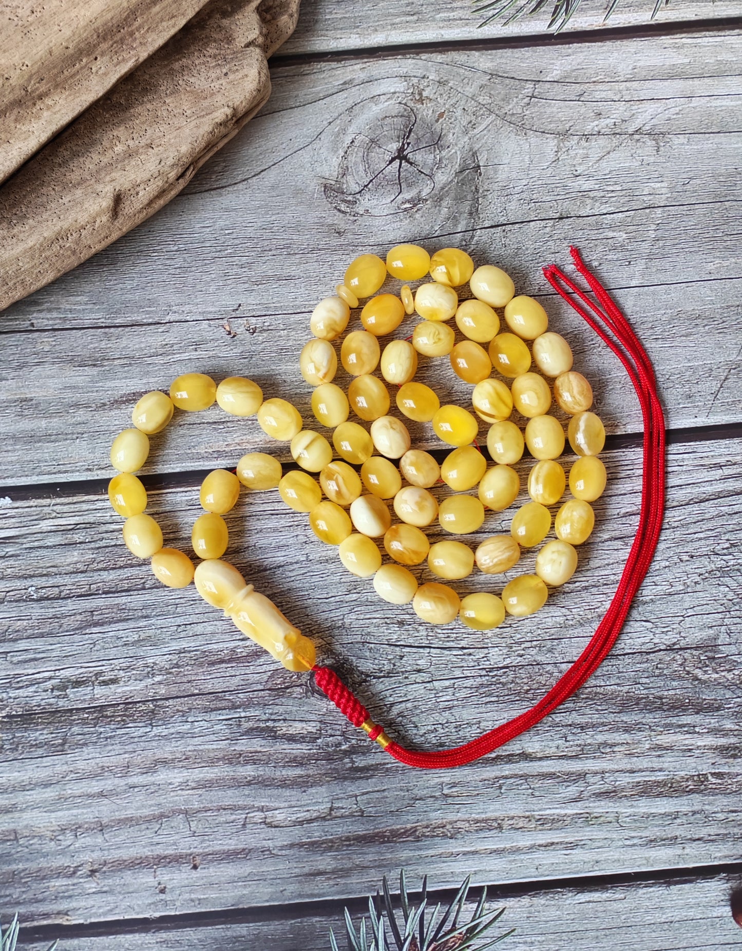 Royal White Mosaic Amber Rosary | 63 Pigeon Egg–Shaped Beads