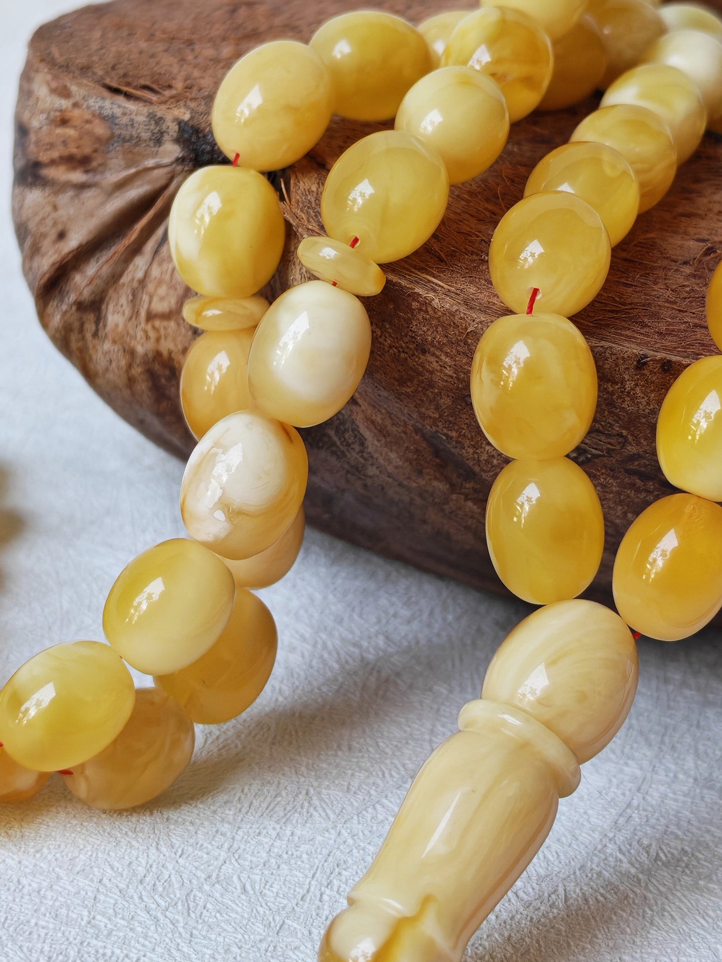 Royal White Mosaic Amber Rosary | 63 Pigeon Egg–Shaped Beads