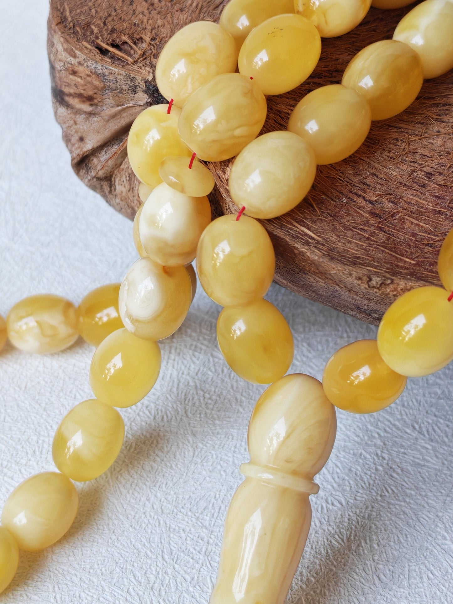 Royal White Mosaic Amber Rosary | 63 Pigeon Egg–Shaped Beads