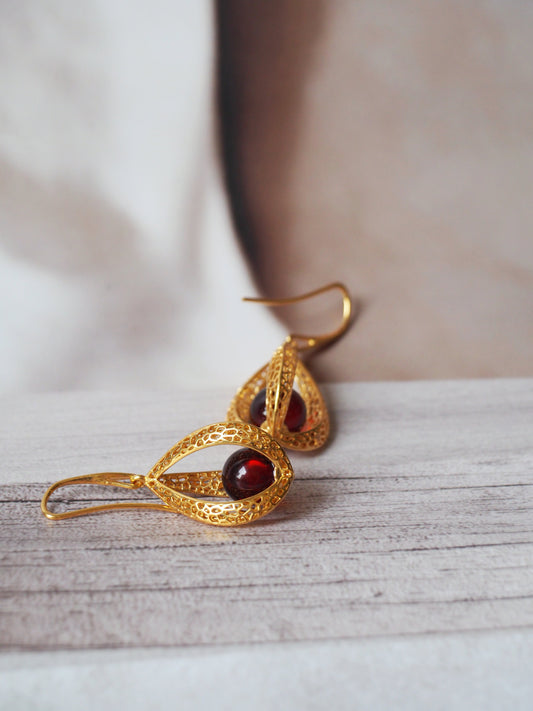 Triangle Cherry Amber Dangling Earrings with Gold Plated Silver Frame