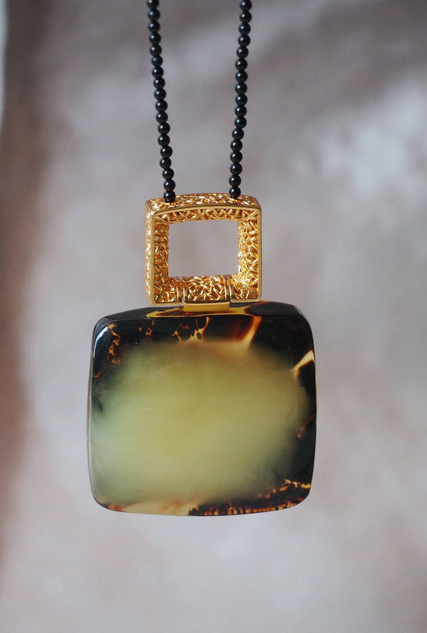 Huge Green Amber Necklace with Black Onyx Necklace and Gold Plated Frame