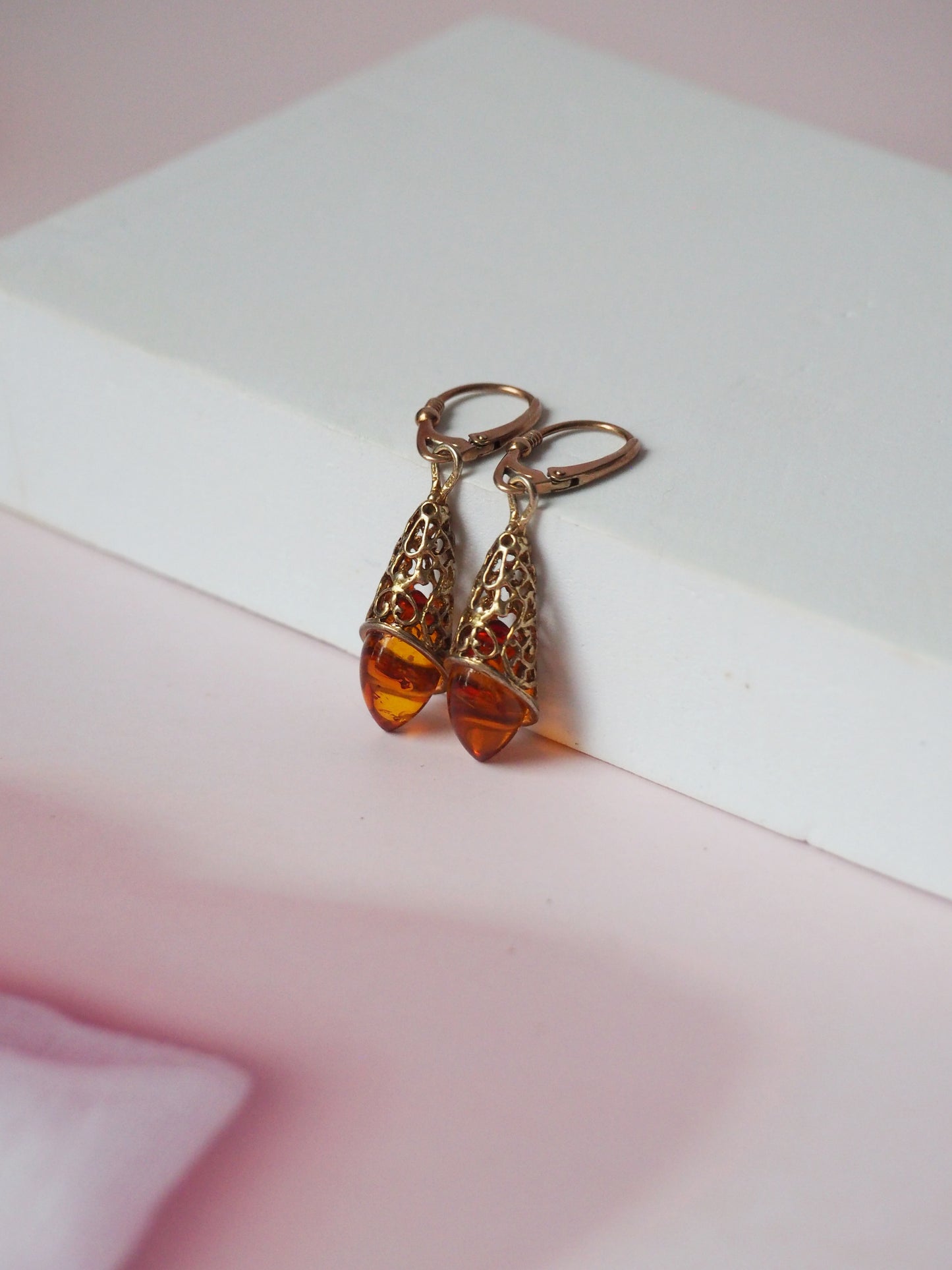 Moroccan Style Cognac Amber Drop Mesh Earrings in Gold Plated Silver