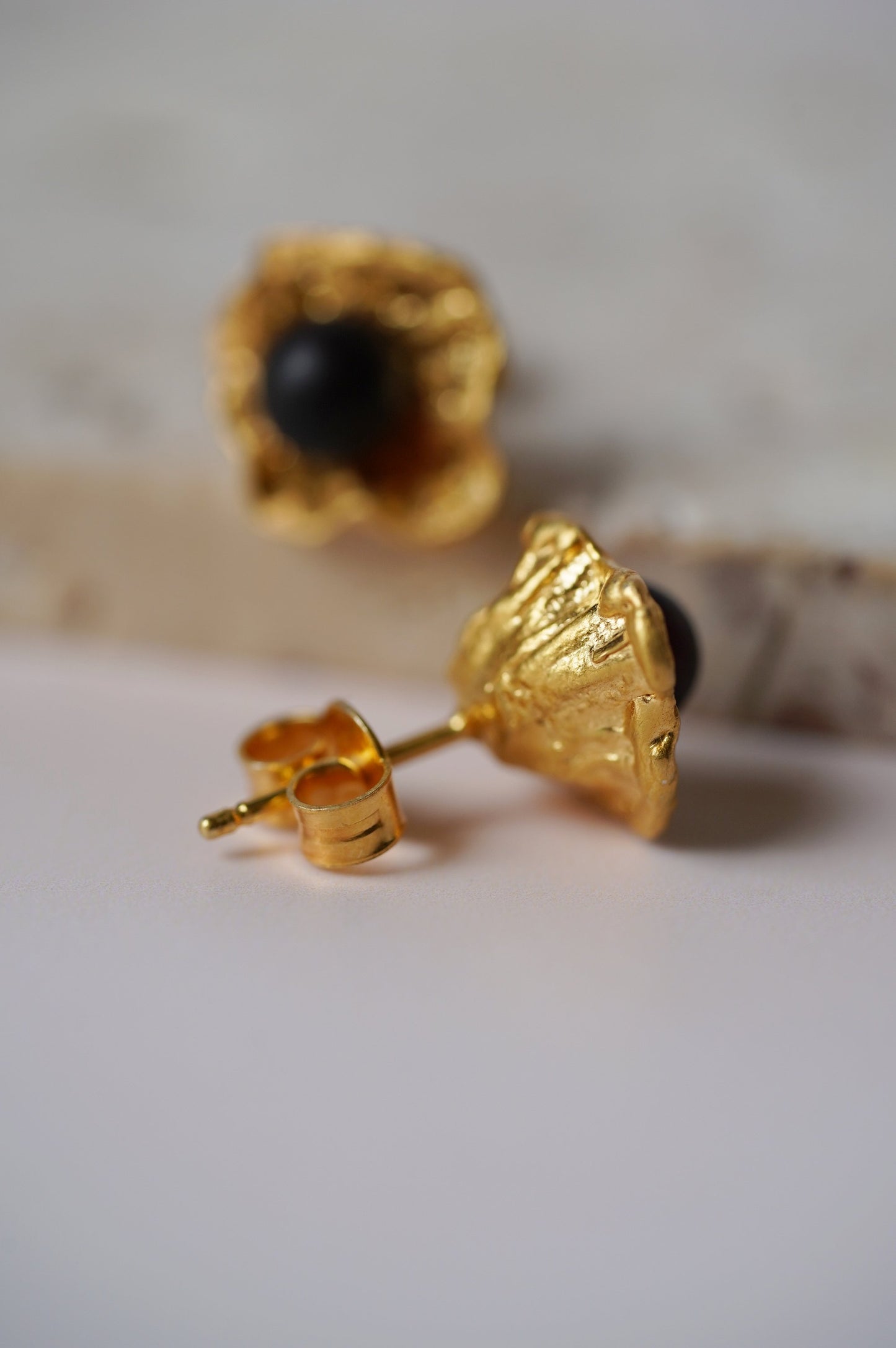 Flower Shaped Earrings with Cherry Matt Amber in Gold Plated Silver