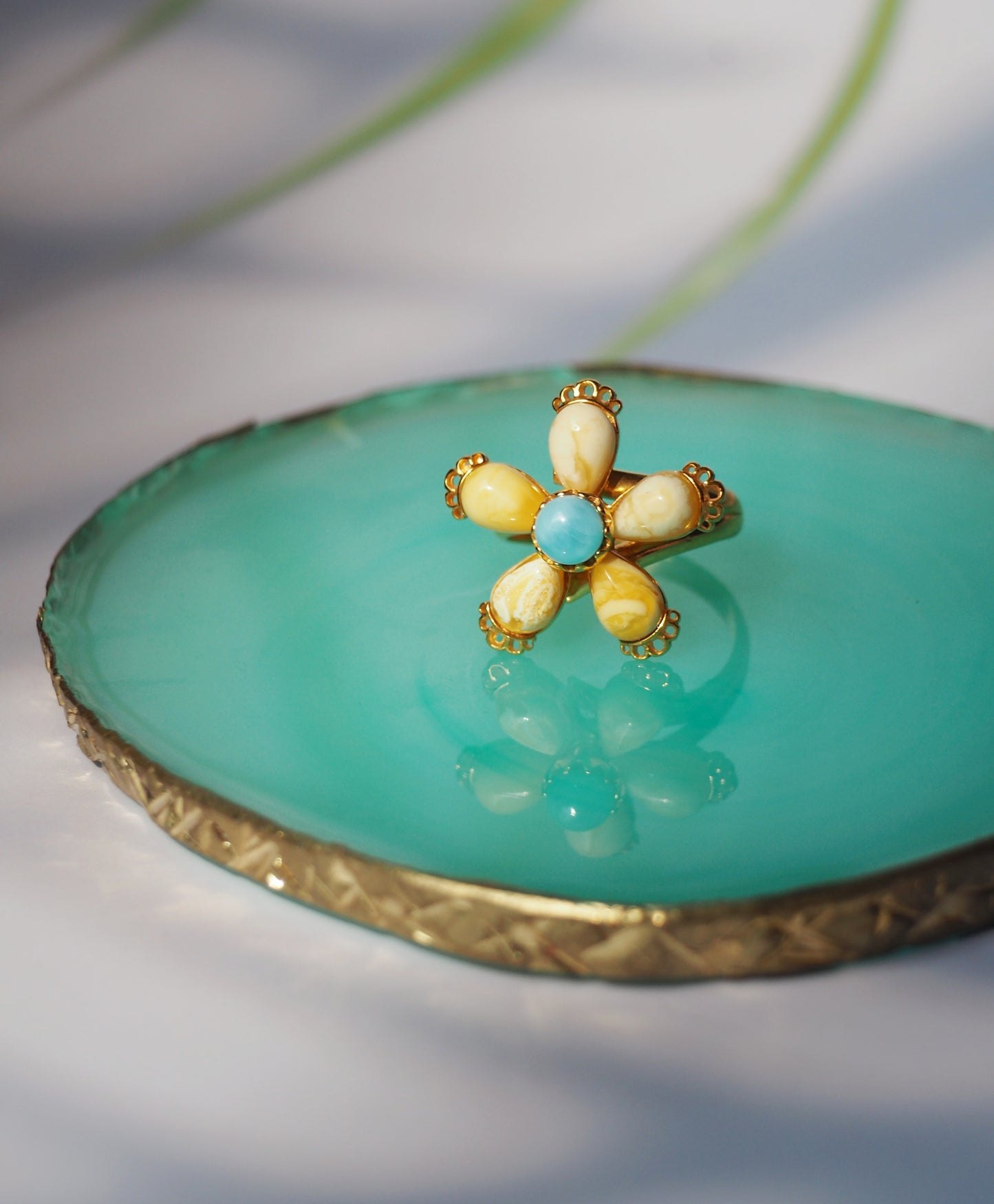 Royal White |Butterscotch Amber Flower Shape Ring with Larimar in Gold Plated Silver