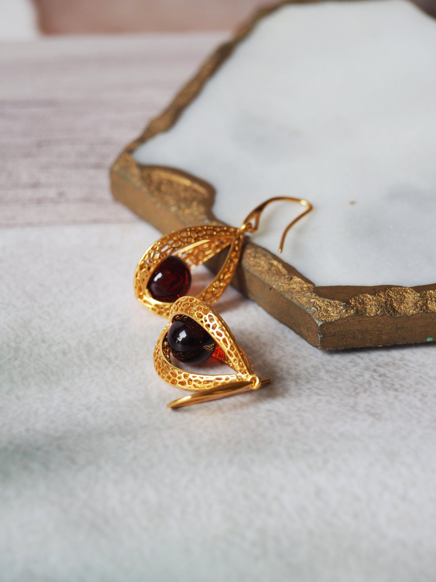 Triangle Cherry Amber Dangling Earrings with Gold Plated Silver Frame