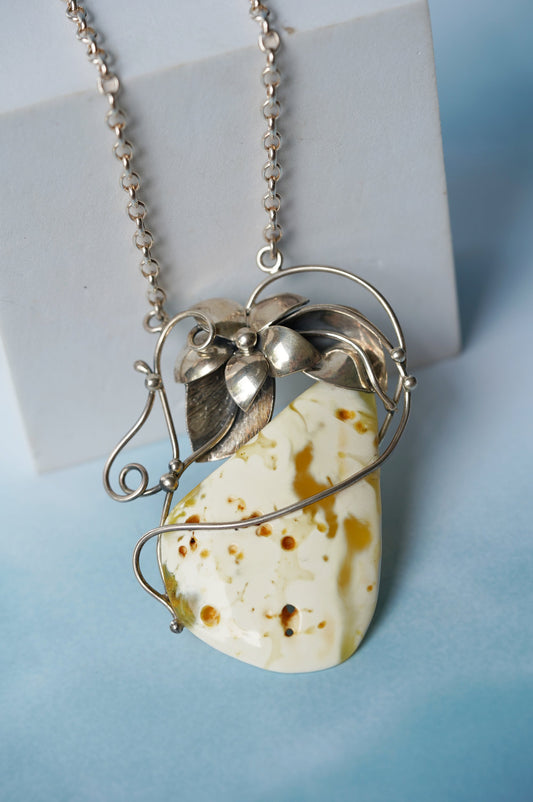 Large Royal White Triangle Raw Amber Pendant with Silver Frame, Chain and Flower