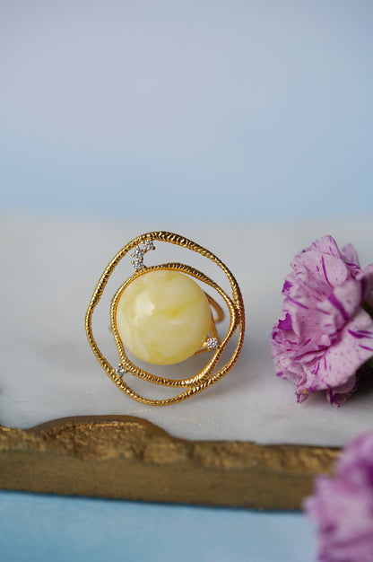 Delicate Round Irregular Royal White Amber Ring with Cubic Zirconias in Gold Plated Silver