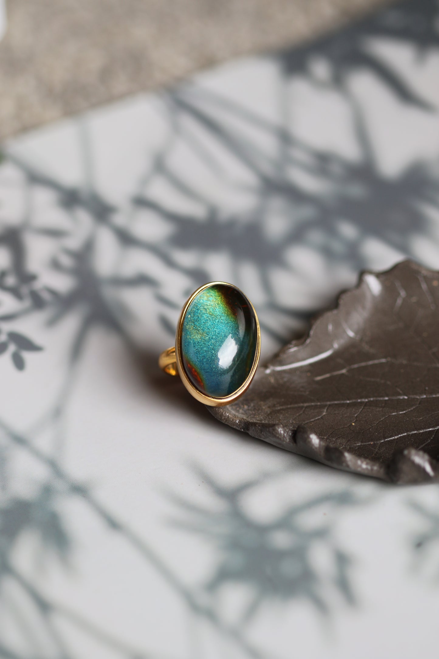 Blue Amber Ring with Natural Inclusions in Gold Plated Silver