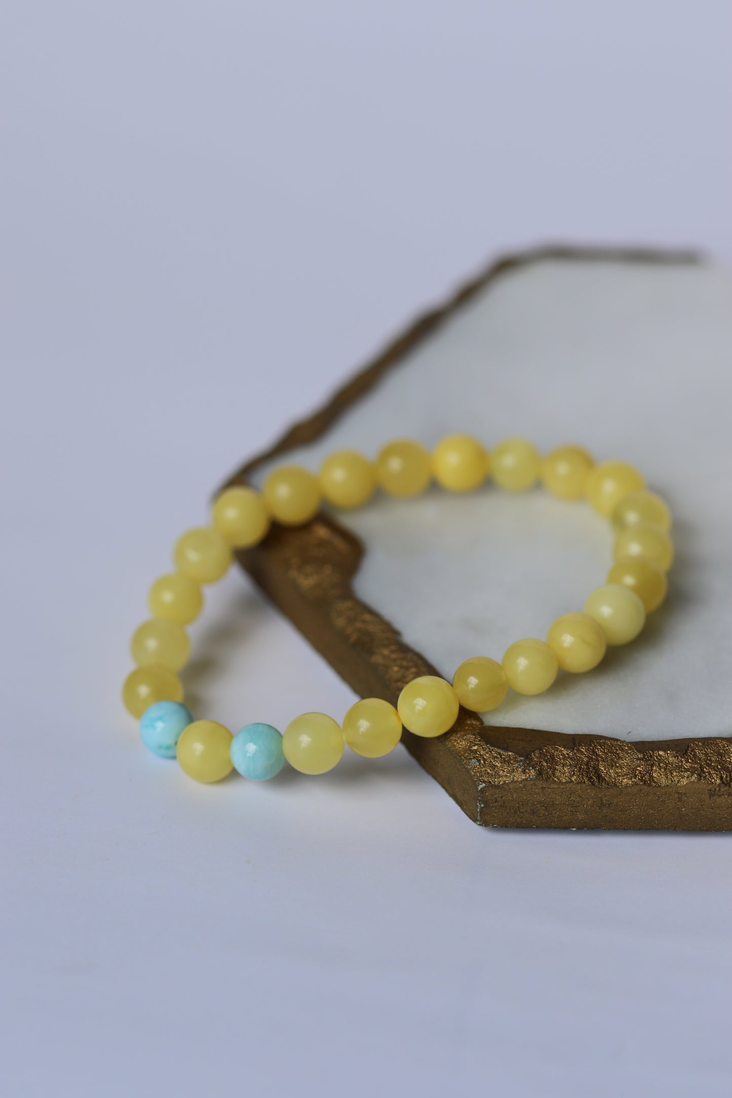 Butterscotch Amber Beaded Bracelet 7,8mm with Larimar