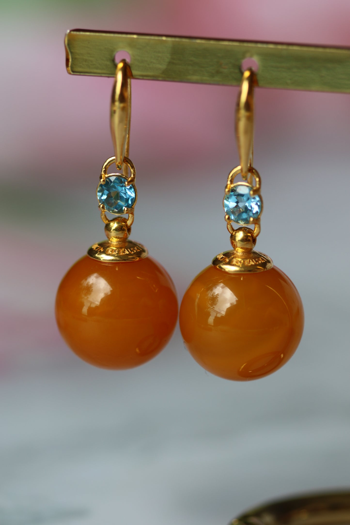 Big Round Old German Dangling Earrings with Faceted Blue Topaz and Gold Plated Silver
