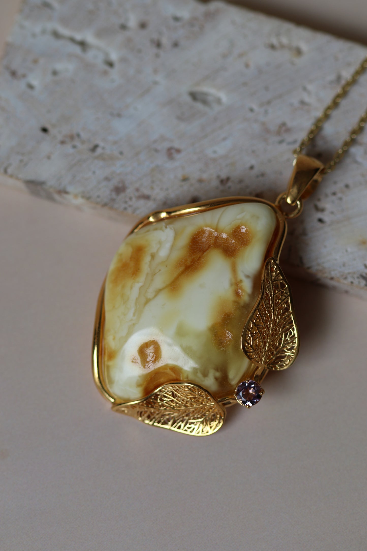 Unique Natural Royal White / Honey Amber Handmade Pendant in Gold Plated Silver with Amethyst