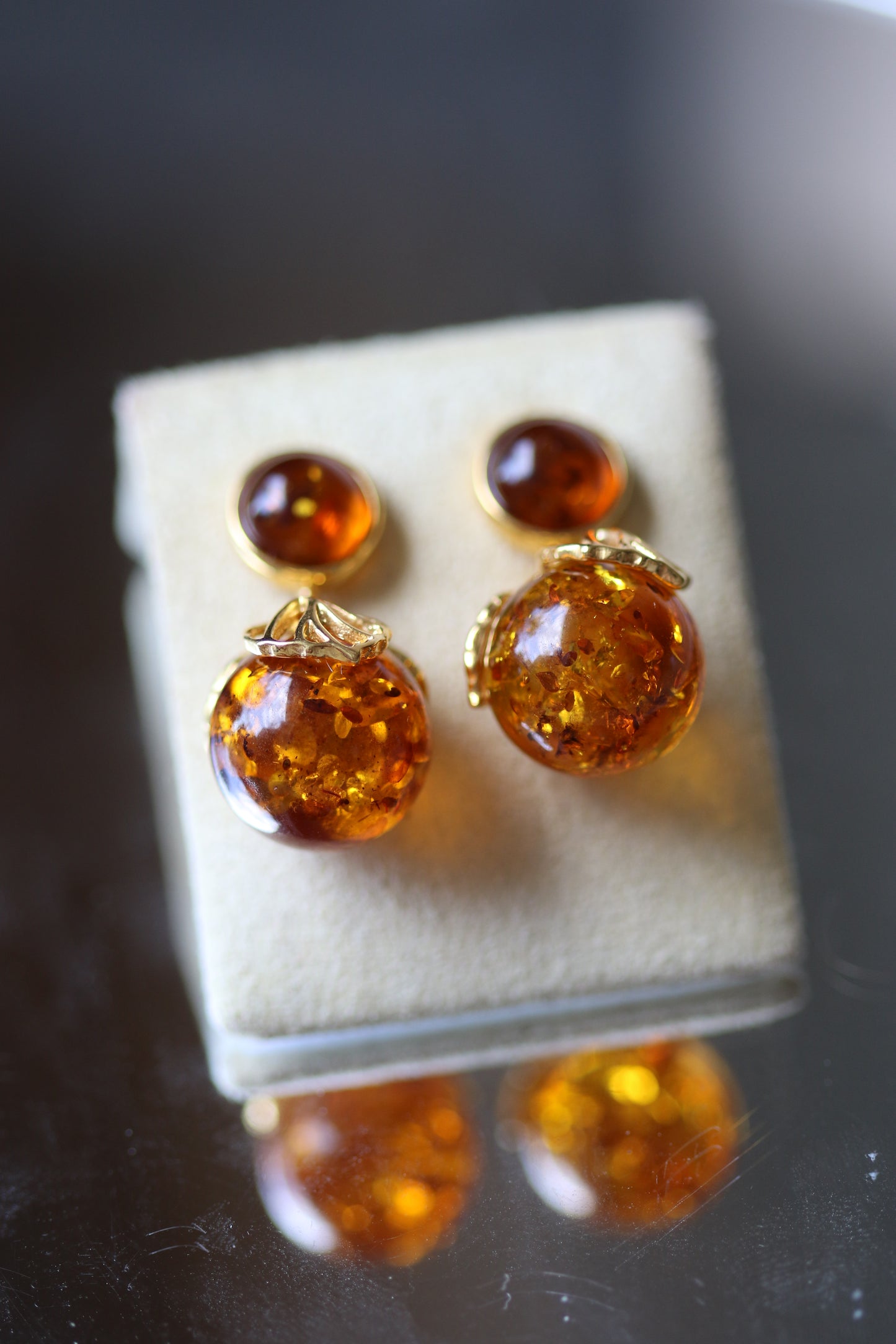 Round Cognac Stud Dangling Earrings in Gold Plated Silver