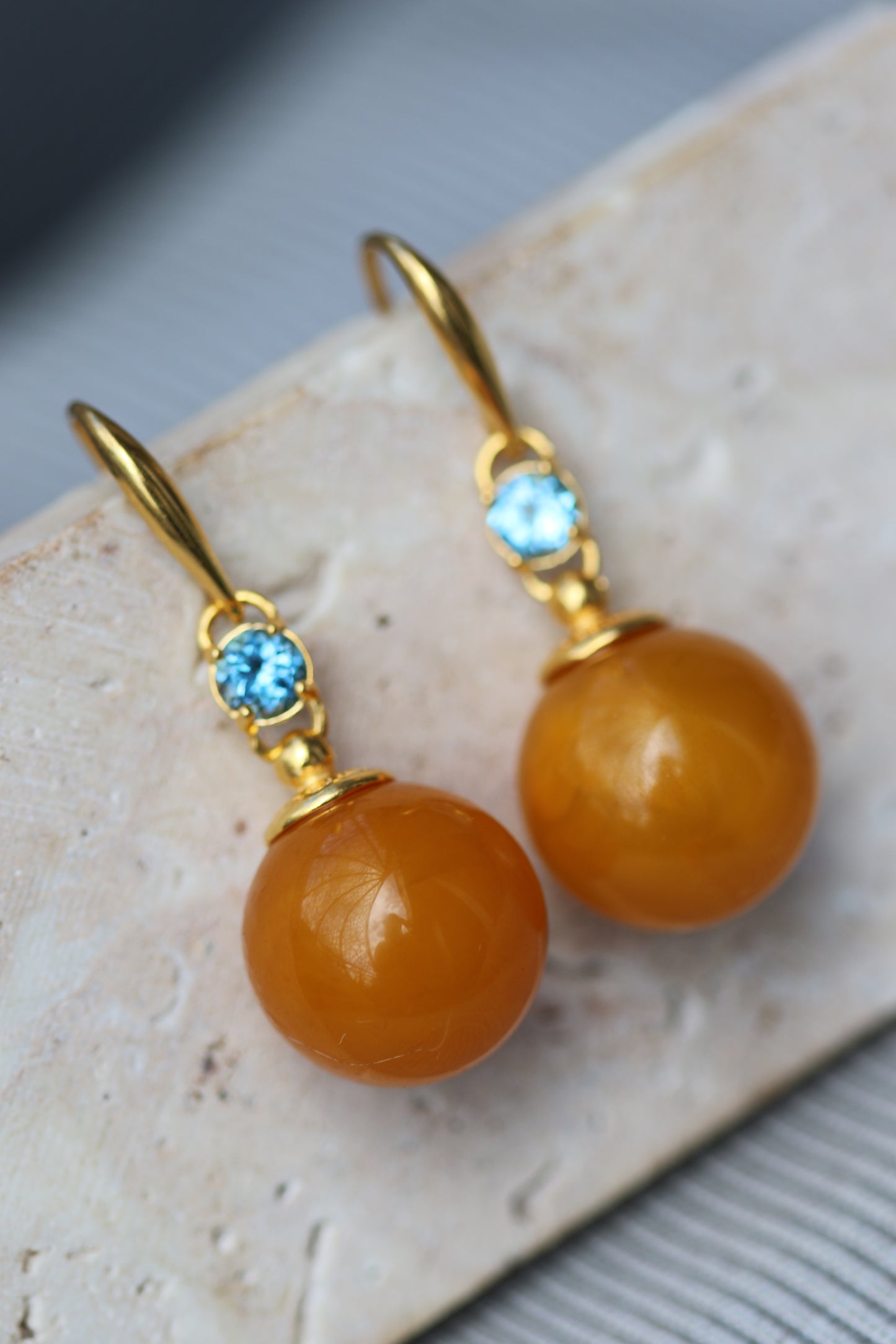 Big Round Old German Dangling Earrings with Faceted Blue Topaz and Gold Plated Silver