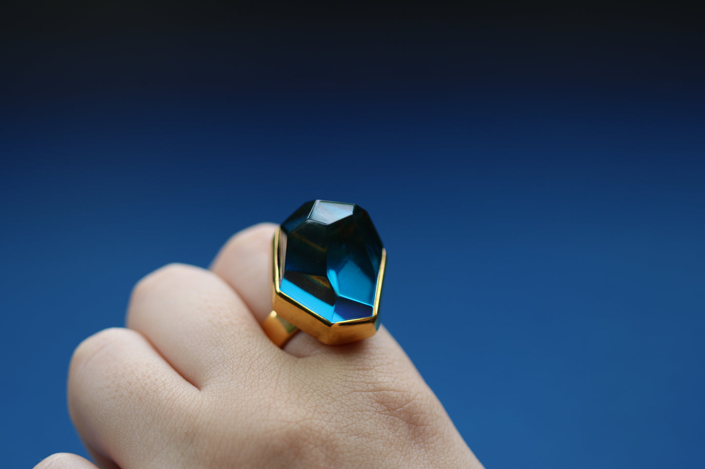 Irregular Blue Amber Ring in Gold Plated Silver