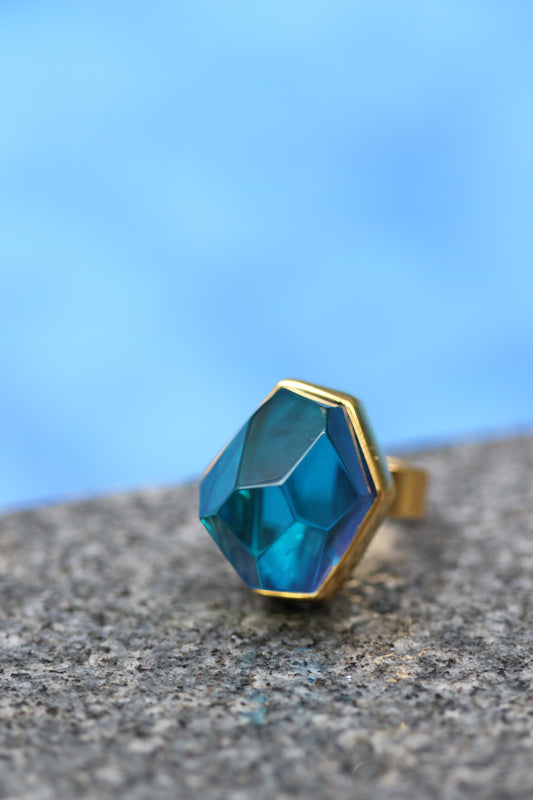 Irregular Blue Amber Ring in Gold Plated Silver