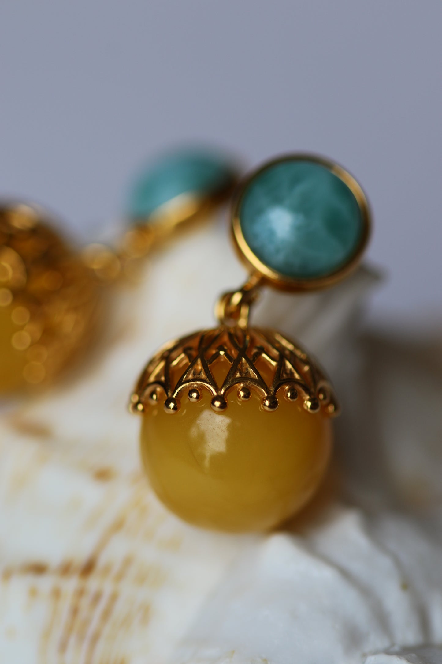 Natural Butterscotch Amber + Larimar Dangling Round Earrings in Gold Plated Silver