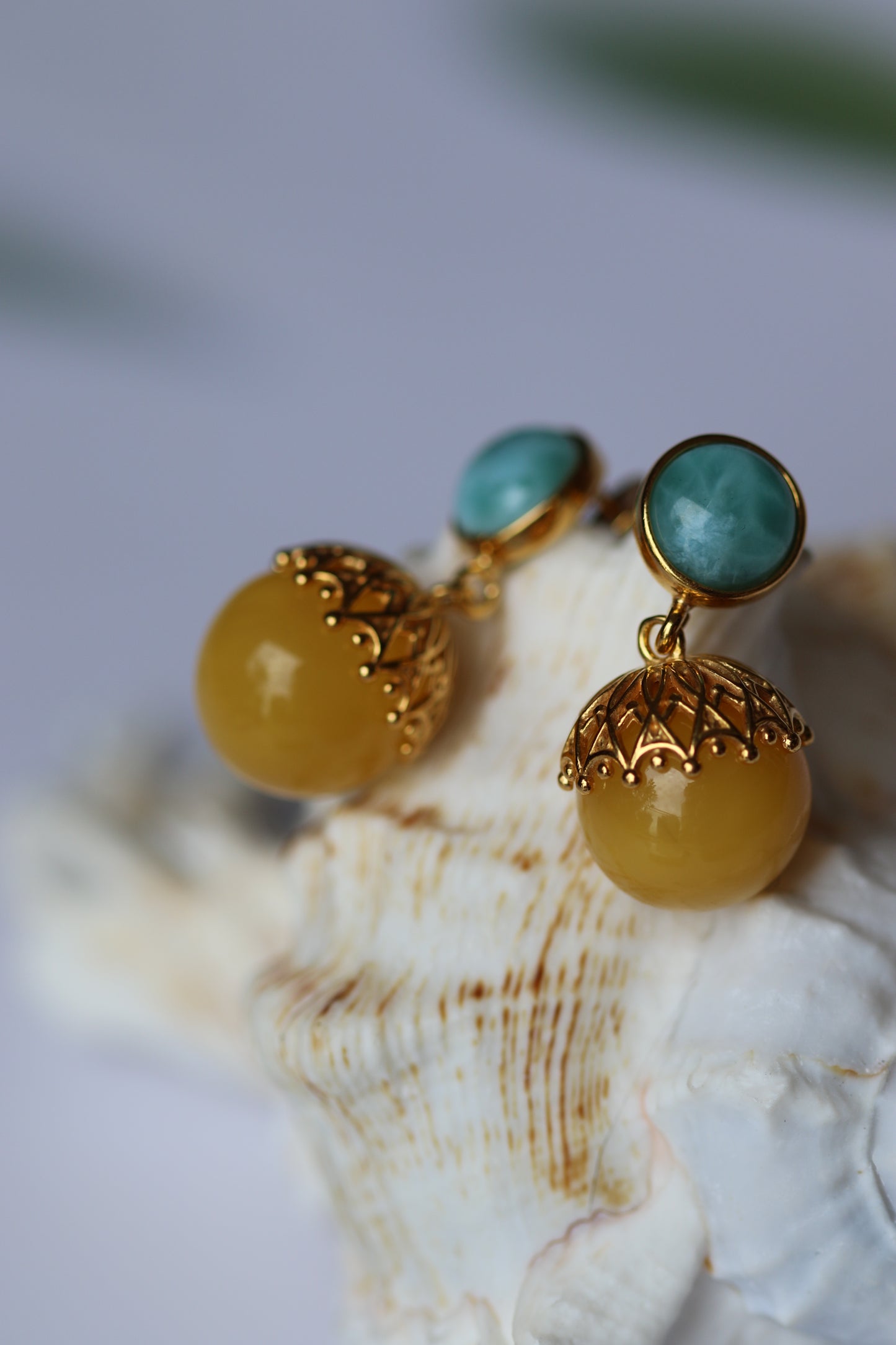Natural Butterscotch Amber + Larimar Dangling Round Earrings in Gold Plated Silver