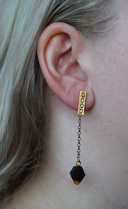 Cherry Amber Geometric Dangling Earrings in 14K Gold And Rhodium Plated Silver