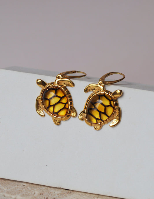 Turtle Shaped Citron Amber Earrings in Gold Plated Silver