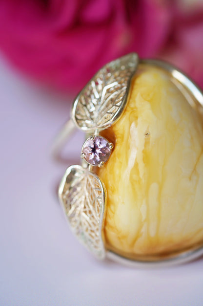 Irregular Royal White Amber Ring With Silver Frame And Amethyst