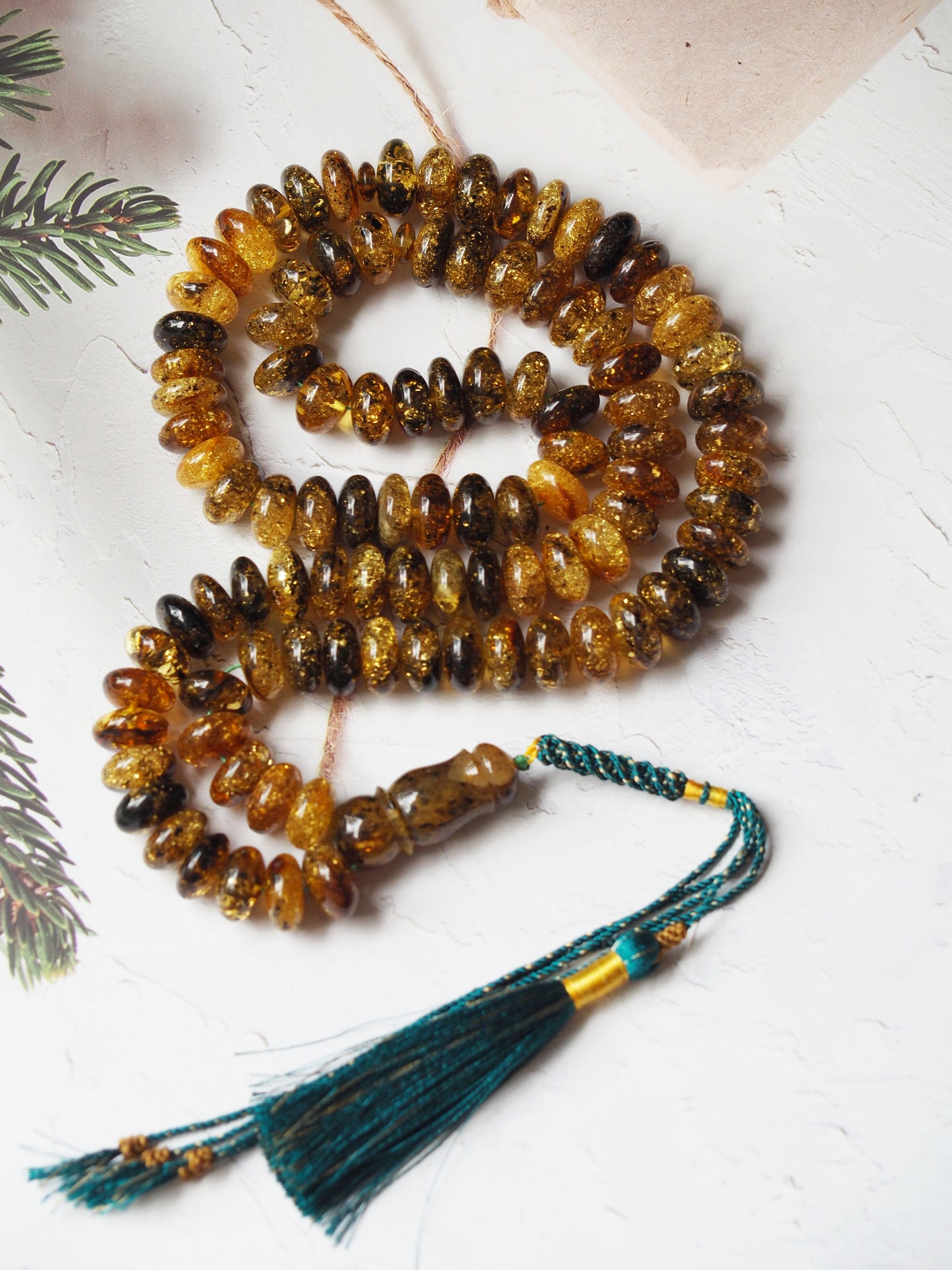 Natural Sea Green Amber with Bubbles of Air Misbah 99 Beads | Donut Shape