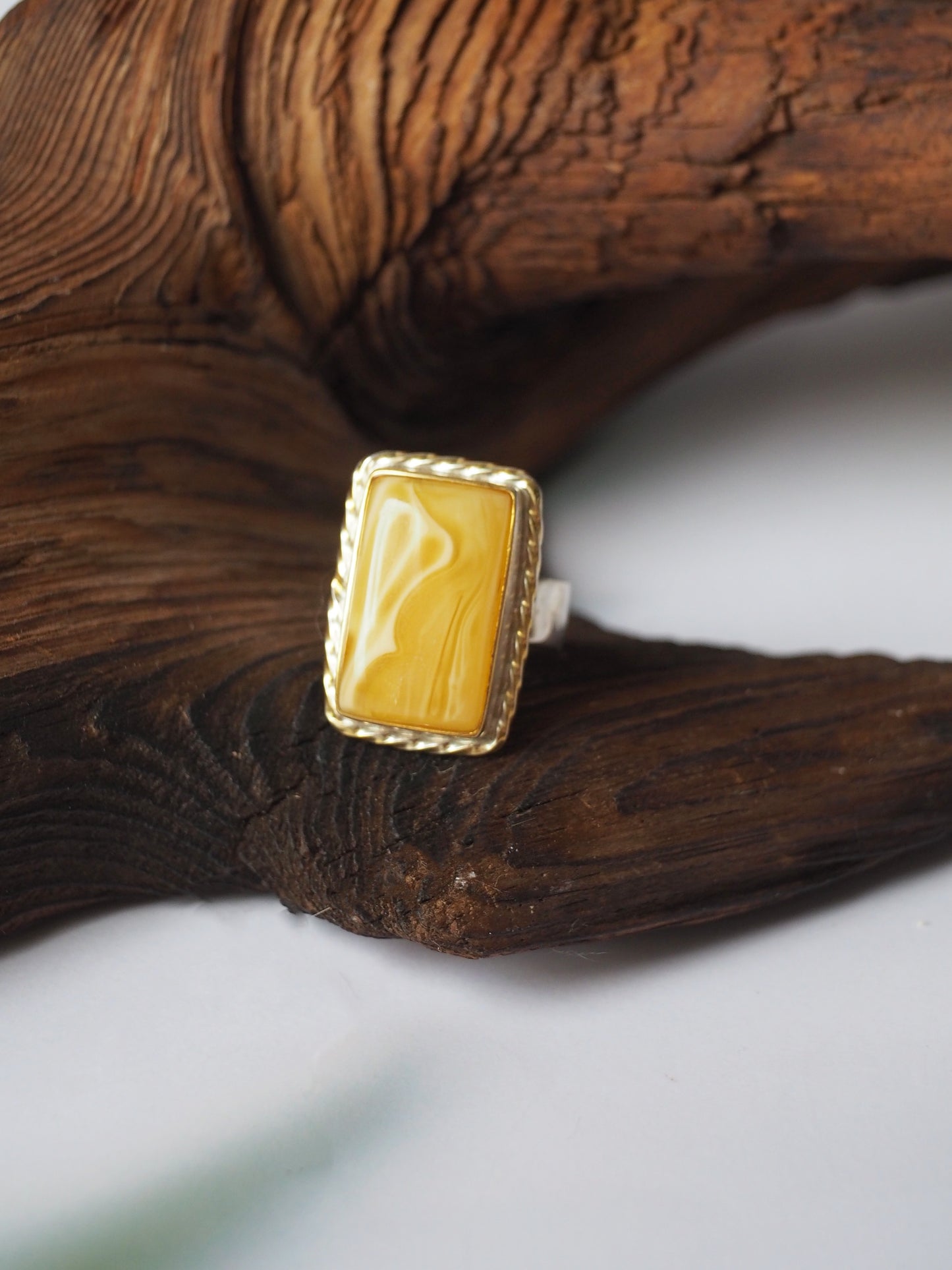 Rectangular Butterscotch Amber Ring with Royal White Inclusion