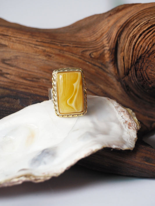 Rectangular Butterscotch Amber Ring with Royal White Inclusion