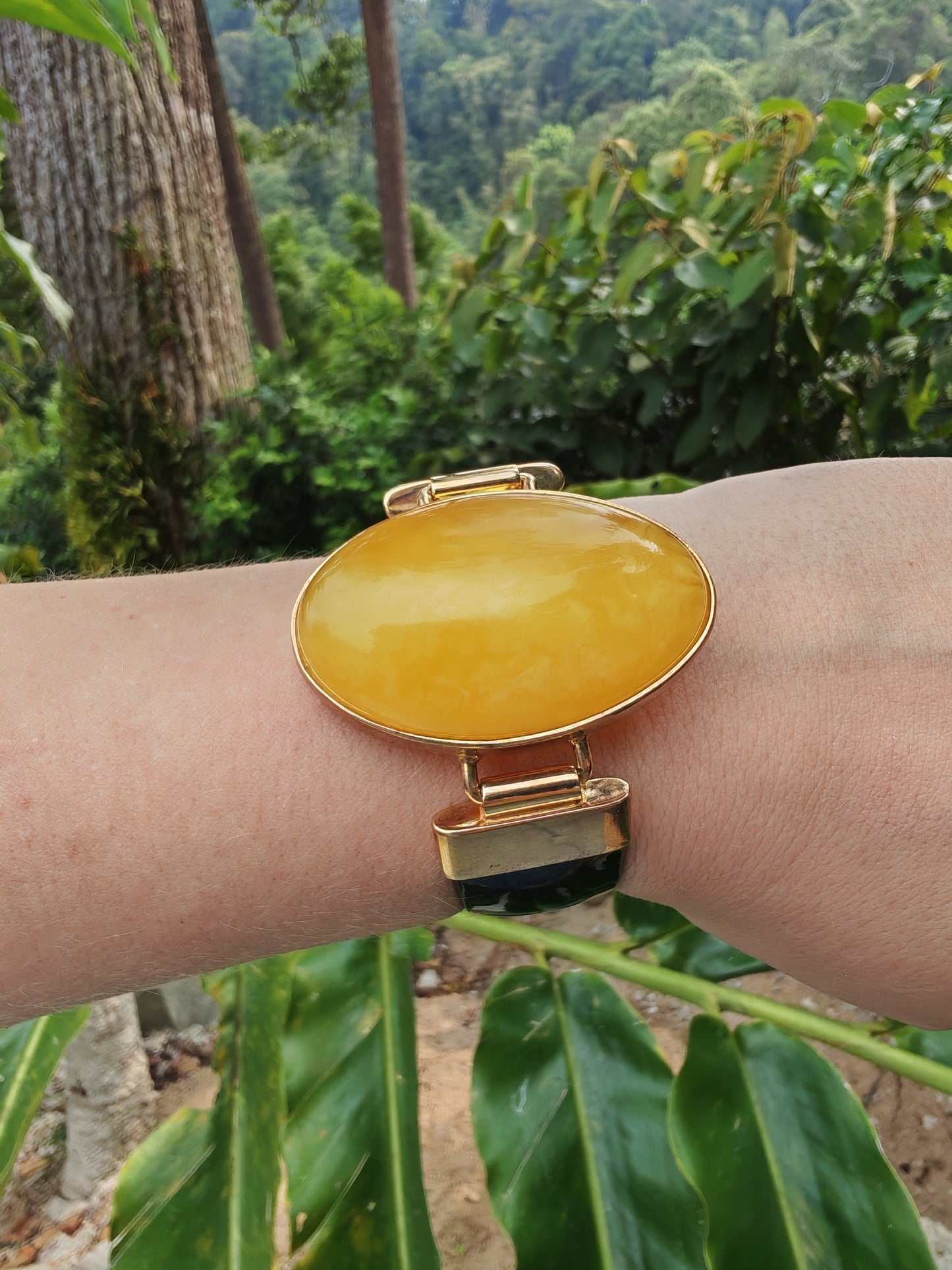 Leather Strapped Butterscotch Amber Bracelet with 14k Gold Plated Silver Frame and Patent Leather Strap