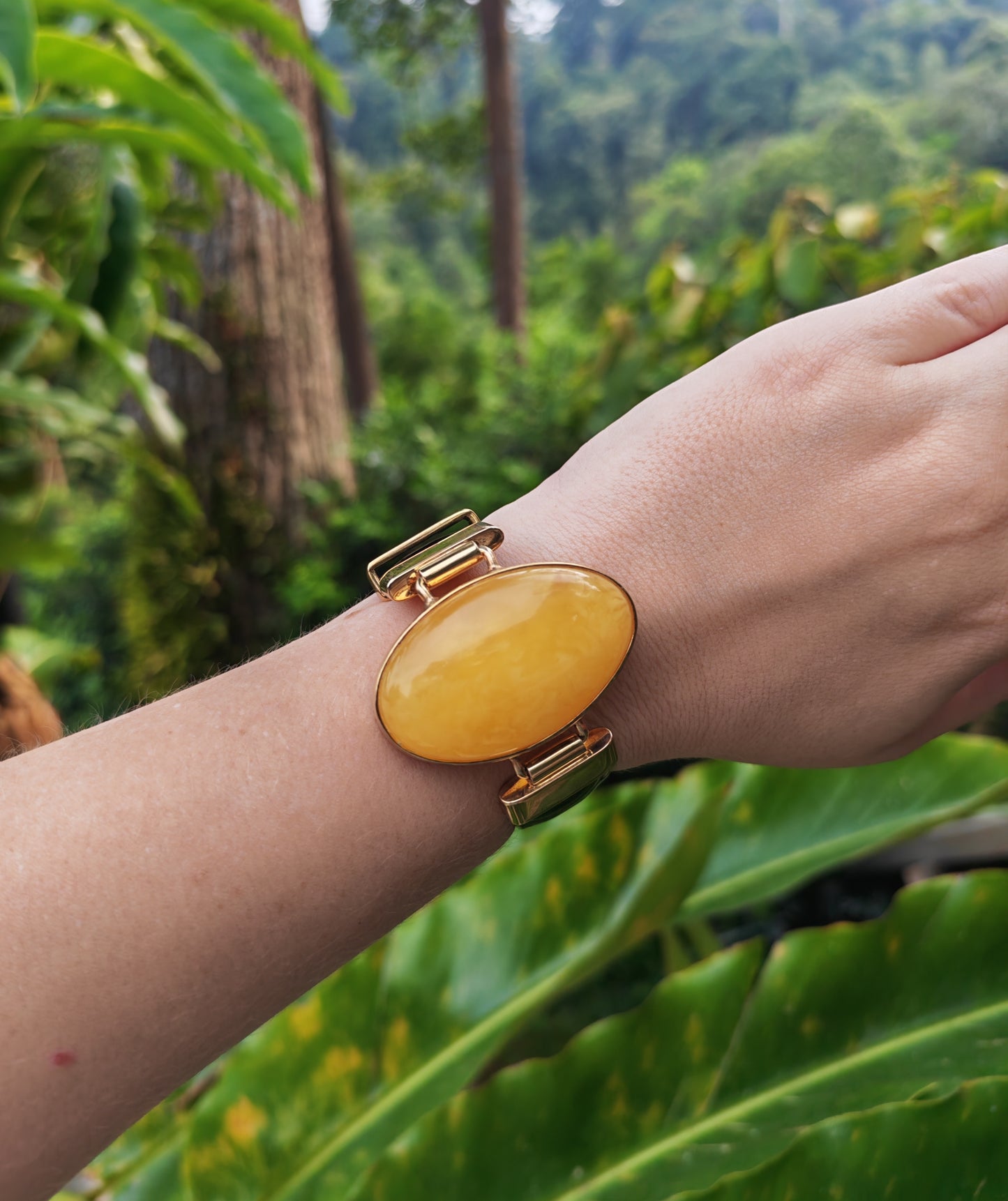 Leather Strapped Butterscotch Amber Bracelet with 14k Gold Plated Silver Frame and Patent Leather Strap