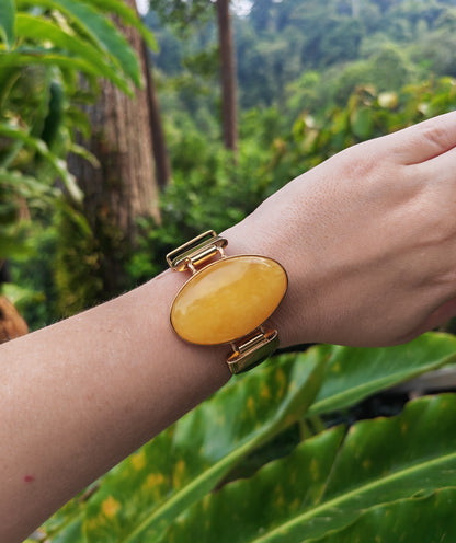 Leather Strapped Butterscotch Amber Bracelet with 14k Gold Plated Silver Frame and Patent Leather Strap