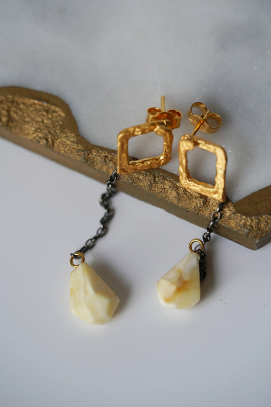 Geometric White Amber Dangling Earrings in 14K Gold Plated And Rhodium Plated Silver