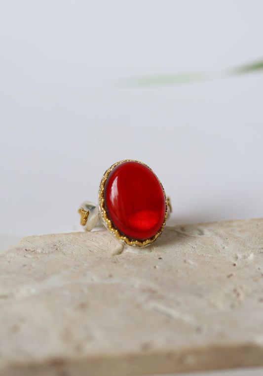 Red Oval Ring in Silver and Gold Plated Silver Frame