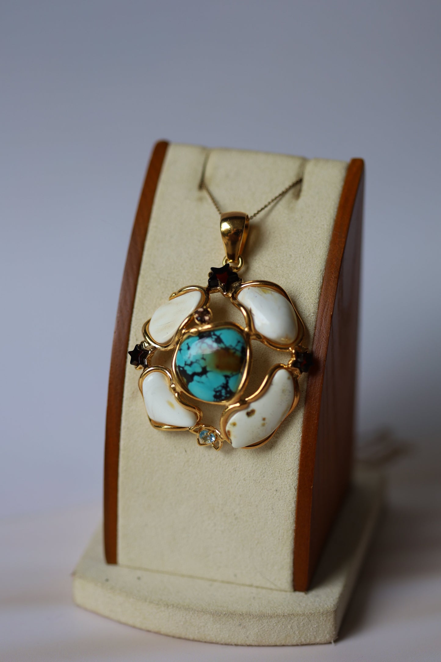 Natural Royal White Amber Gold Plated Irregular Pendant with Topaz and Turquoise