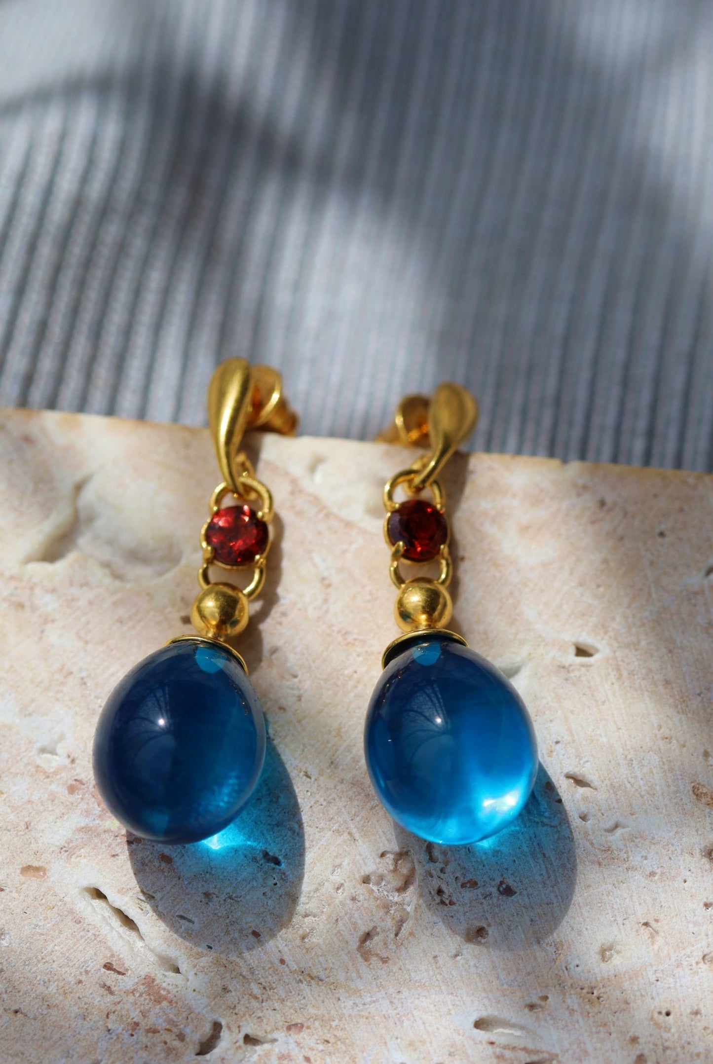 Blue Amber Olive Shape Dangling Earrings with Almandine Garnet in 14K Gold Plated Silver