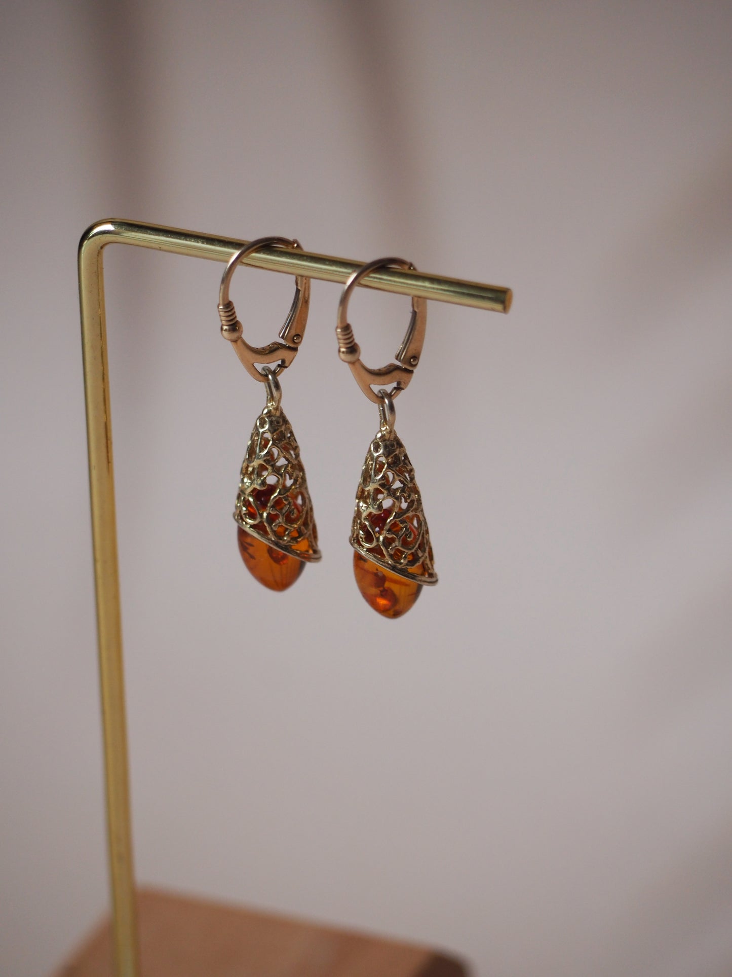 Moroccan Style Cognac Amber Drop Mesh Earrings in Gold Plated Silver