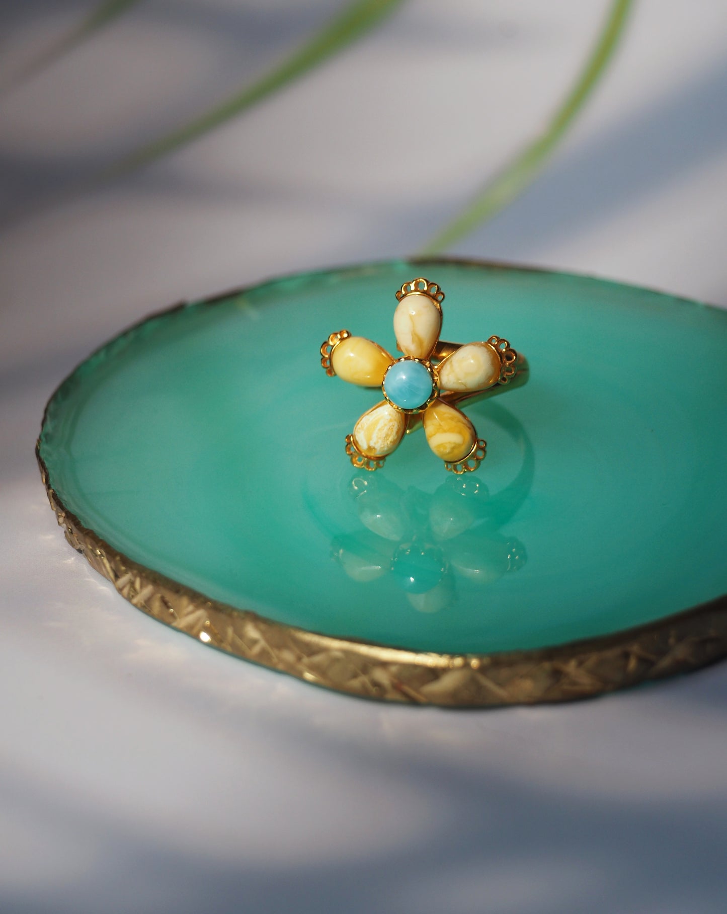 Royal White |Butterscotch Amber Flower Shape Ring with Larimar in Gold Plated Silver