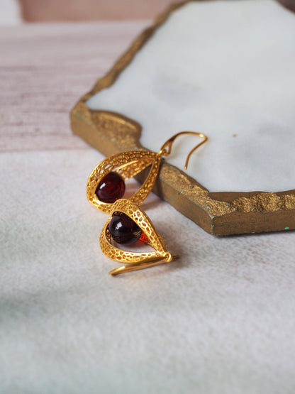 Triangle Cherry Amber Dangling Earrings with Gold Plated Silver Frame