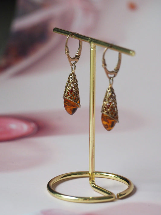 Moroccan Style Cognac Amber Drop Mesh Earrings in Gold Plated Silver