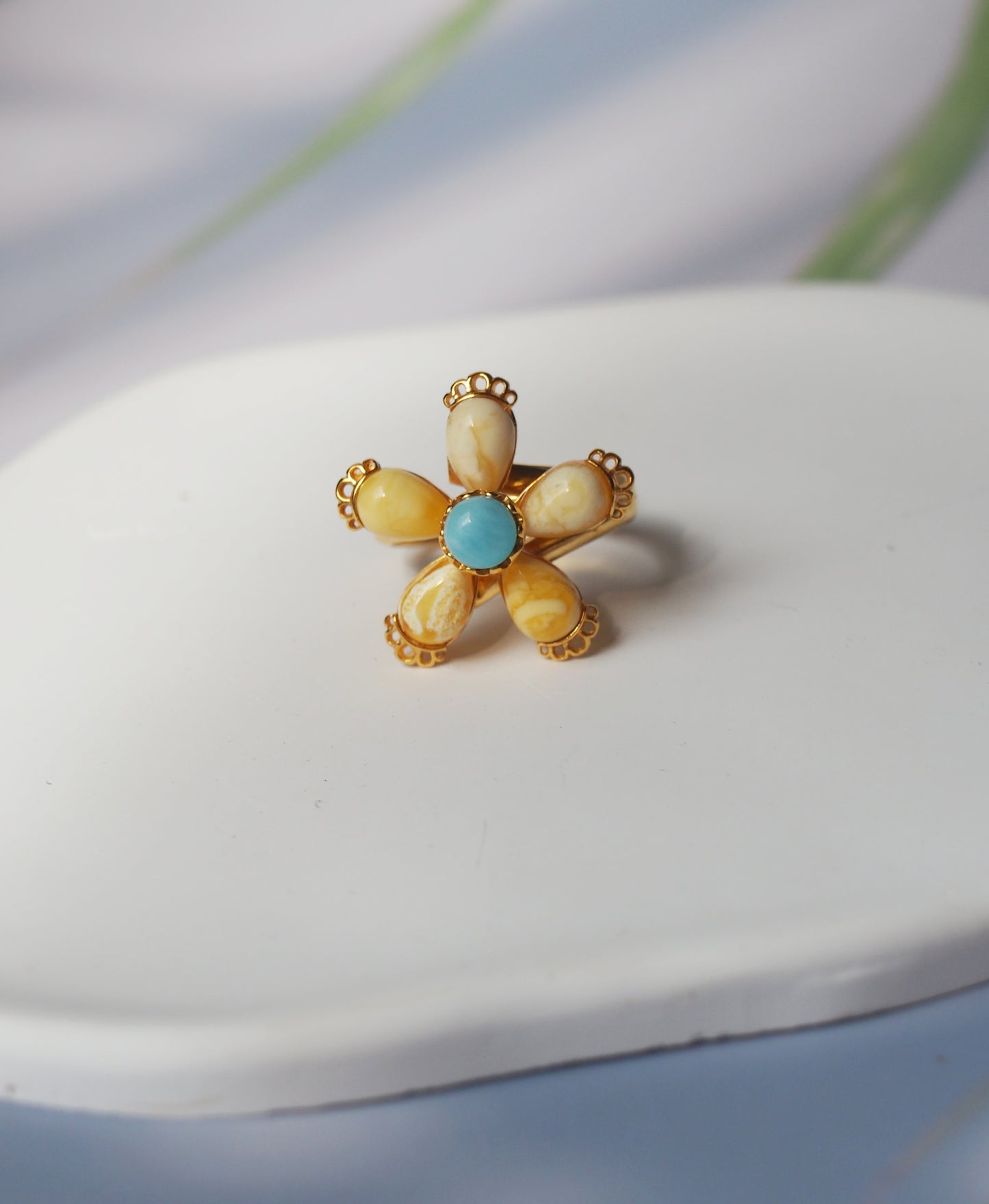 Royal White |Butterscotch Amber Flower Shape Ring with Larimar in Gold Plated Silver