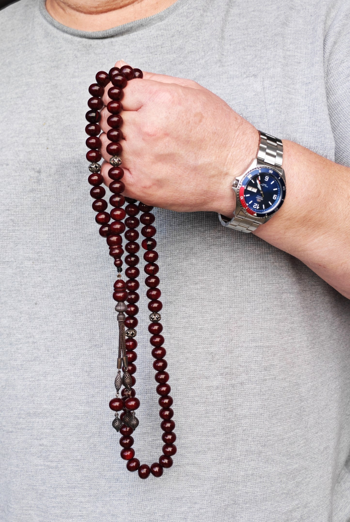 Antique Cherry Amber Faturan Misbah | 87 Beads | Damascus Material Turkish Craft