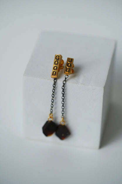 Cherry Amber Geometric Dangling Earrings in 14K Gold And Rhodium Plated Silver