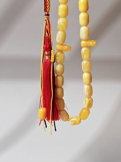 Mature Butterscotch Amber Rosary – 49 Barrel Beads | Deep Honey Accents