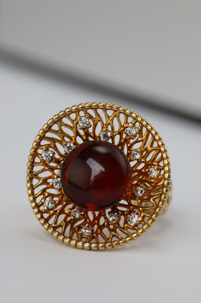 Supertree  Ring with Cherry Amber and Cubic Zirconias in Gold Plated Silver