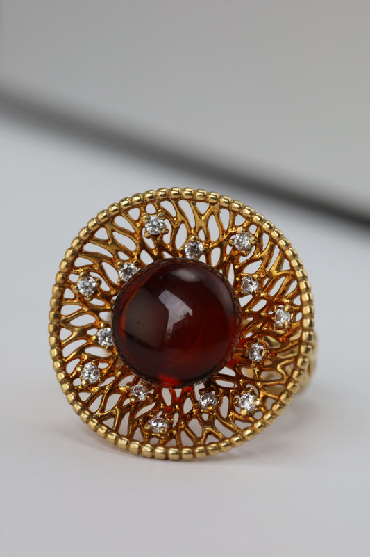 Supertree  Ring with Cherry Amber and Cubic Zirconias in Gold Plated Silver