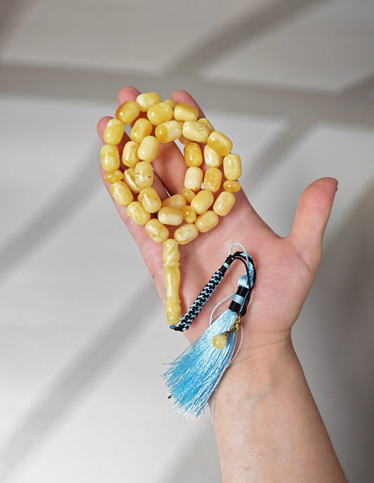 Bright Milk With Honey Inclusions Amber Rosary – 33 Barrel Beads | Unique Long Imam